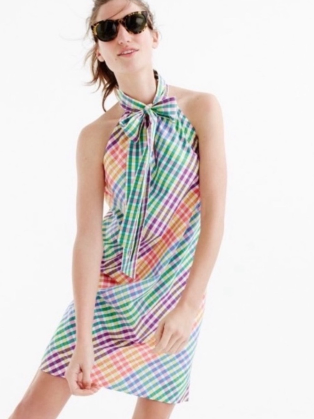 J. Crew Rainbow Gingham Tie Neck Retro Dopamine Dress Size 8